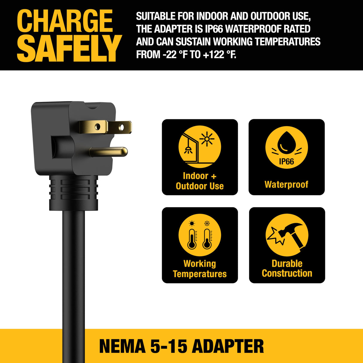 NEMA 15-15 Adapter, 12A/120V, Compatible with DEWALT 32 Amp Portable EV Charger, High Power Connector, Easy to Connect, No Tools Required DEWALT