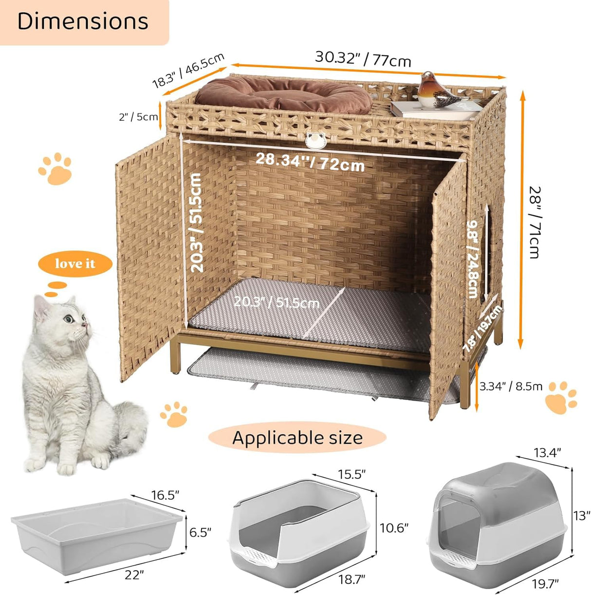 KUREEISE Cat Litter Box Enclosure; Cat Litter Box Enclosure Furniture with Cat Litter Mat;Handwoven Rattan Cat House with Metal Heightened Feet;30.3×18.3×28 Inches;Living Room, Bedroom-Natural KUREEISE
