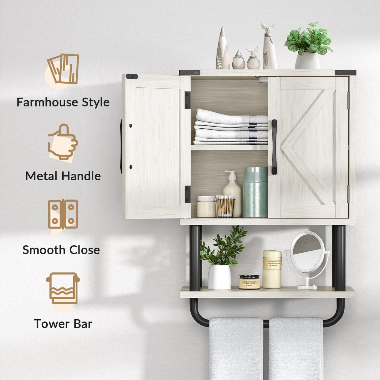 AmazerBath Bathroom Wood Wall Cabinets, Farmhouse Medicine Cabinets Organizer with Towel Bar, Hanging Small Storage Cabinet with Adjustable Shelf, 2 Doors Wall Organizer Cabinet for Small Spaces AmazerBath