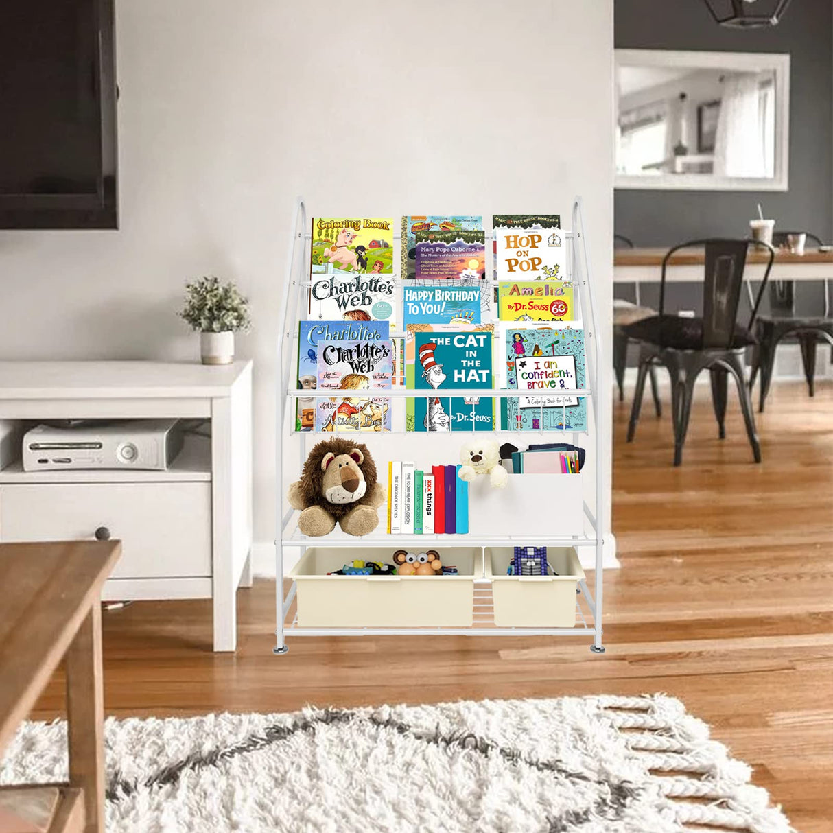 aboxoo Metal Kids Bookshelf Freestanding for Children Room 25 inches Toddler White Bookcase Toy Organizer Stable Bookcase Bookstore Library Book Unit Storage for Small Place aboxoo