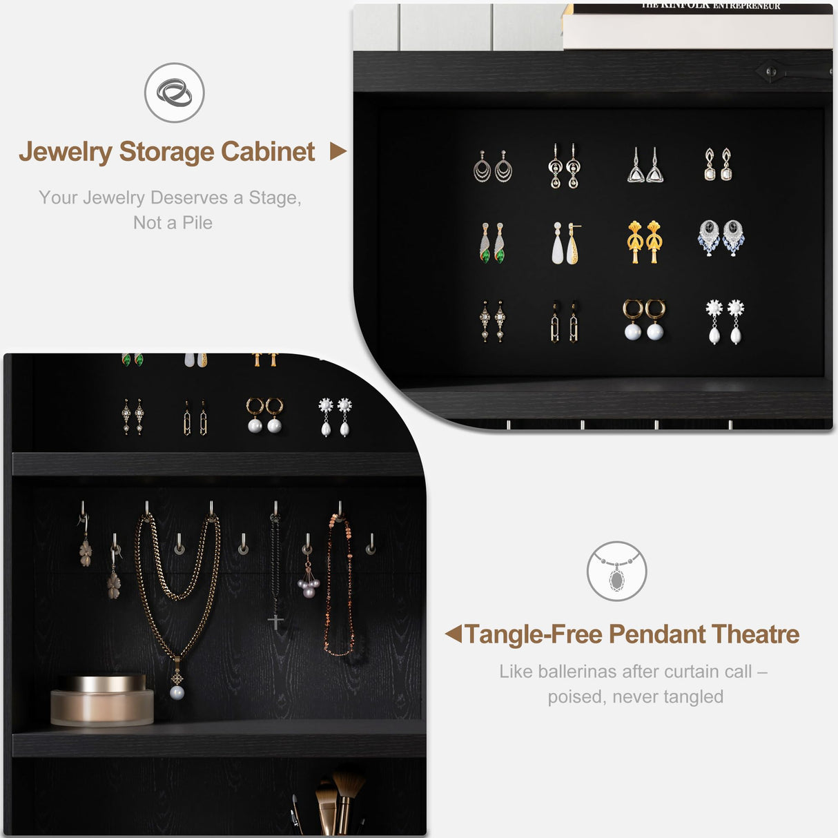 Farmhouse Makeup Vanity Desk with Sliding Mirror and Lights, Glass Desktop Makeup Vanity Desk with Charging Station, 3-Tier Hidden Slide-Out Vanity Shelves, Jewelry Storage Cabinet, 2 Drawers-Black Jocoevol