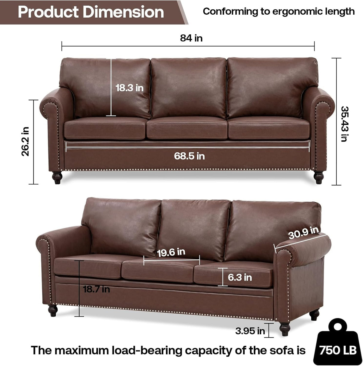 Brown Leather Couch, Comfy Classic 3 Seater Living Room Sofa,Mid-Century Modern Sofa with Detachable Cushions 84" for Living Rooms, Bedrooms, Offices,Apartments Tool-Free Assembly(Brown PU + Sofa) INOTEVERITORY