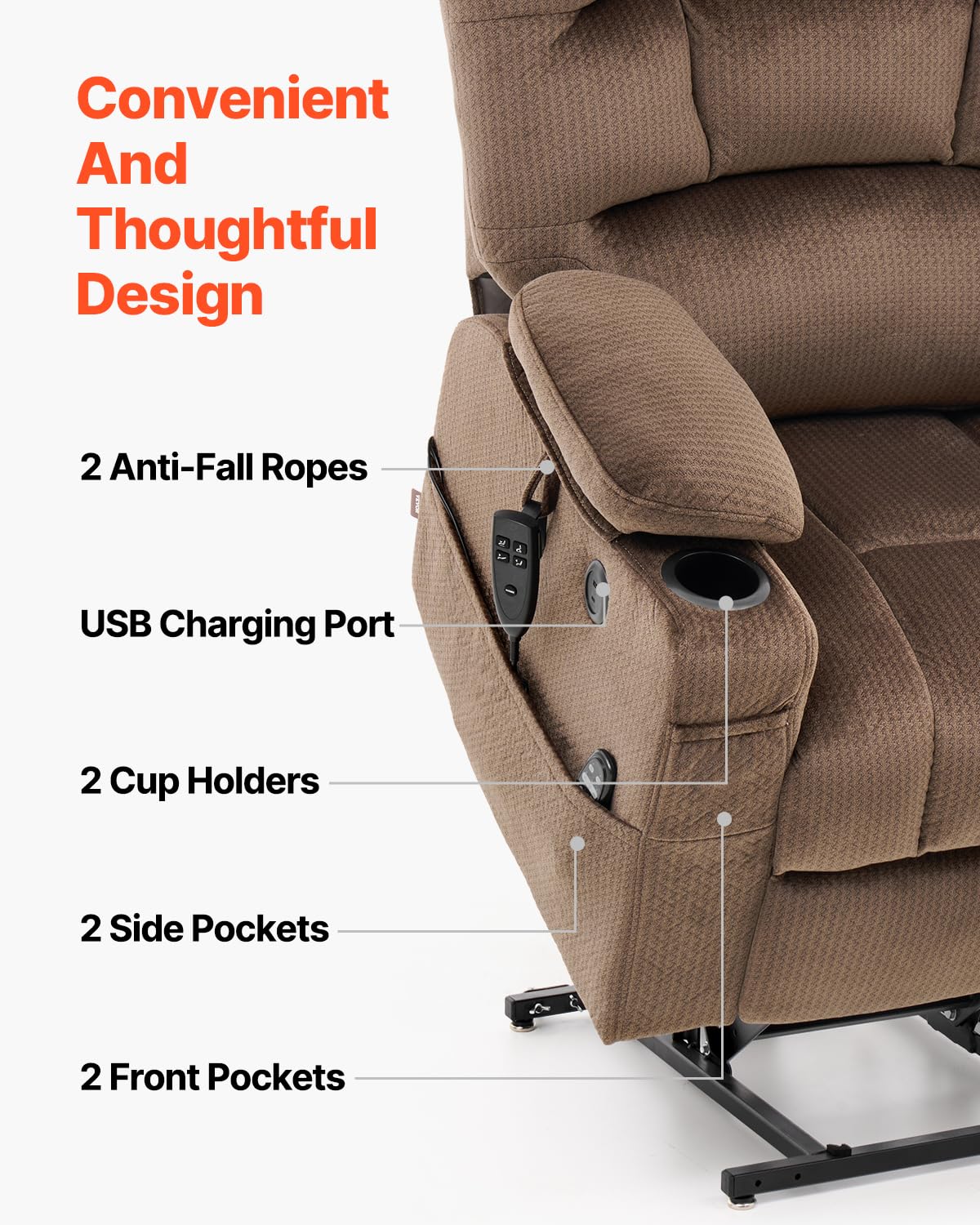 VEVOR Power Lift Recliner Chair, Dual Motor Lift Chair with Heat and Massage for Elderly, 2 Cup Holders and USB Port Infinite Position Adjustment Electric Recliner (Large, Brown) VEVOR
