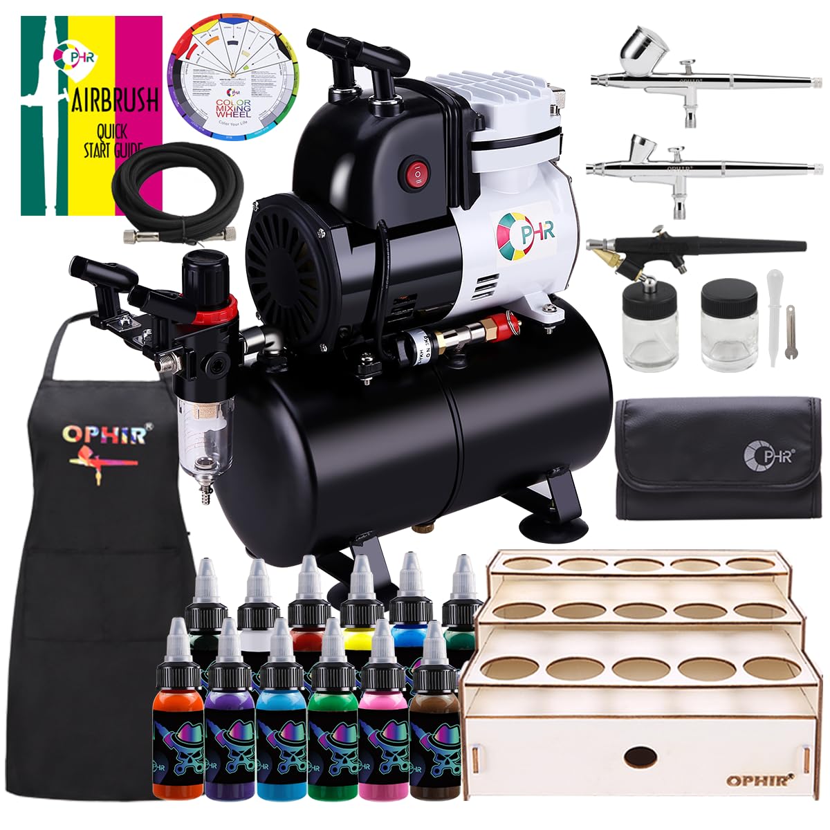 OPHIR Airbrush Kit, Air brush Kit with Air Compressor, Airbrush Compressor with 3x Air Brush, 3L Air Tank, 12 Colors Air brush Painting Set, Paint Holder for Model Painting, 2 Modes of Pressure OPHIR