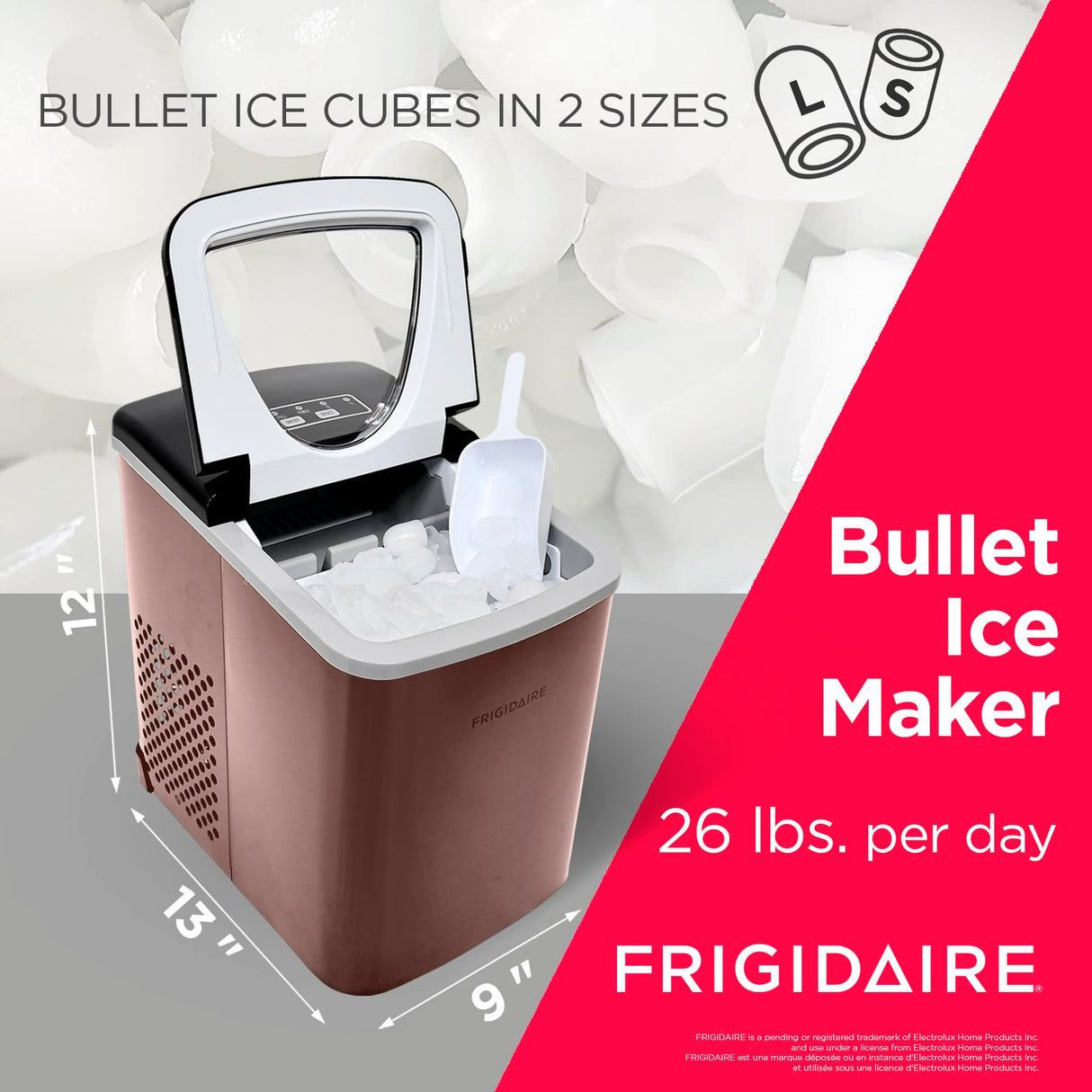 FRIGIDAIRE - Stainless Steel Countertop Ice Maker Machine with 26 lb Capacity | Ice Machine Makes 9 Cubes Every 7-15 Minutes | Portable Ice Maker for Countertop with Ice Shovel & Drain Plug Frigidaire