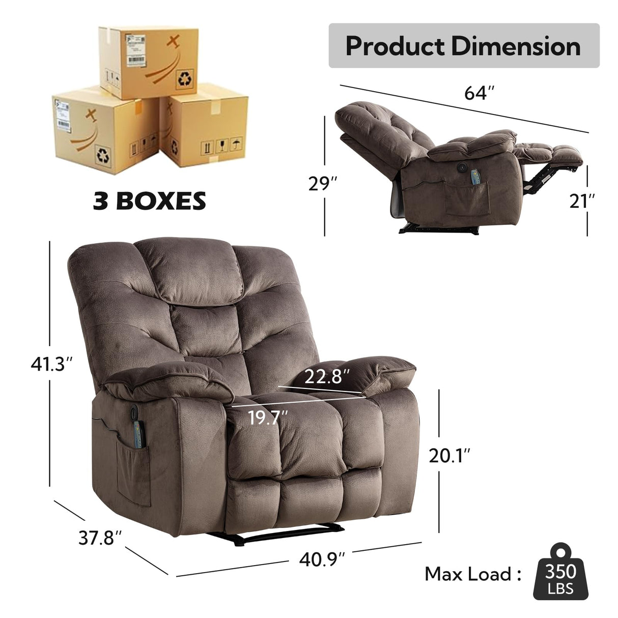 HAOMARKETS Oversized Power Recliner Chair with Massage and Heat, 41" Wide Electric Reclining Chairs with USB Port, Breathable Fabric Overstuffed Reclining Sofa for Living Room Bedroom (No Lift) HAOMARKETS