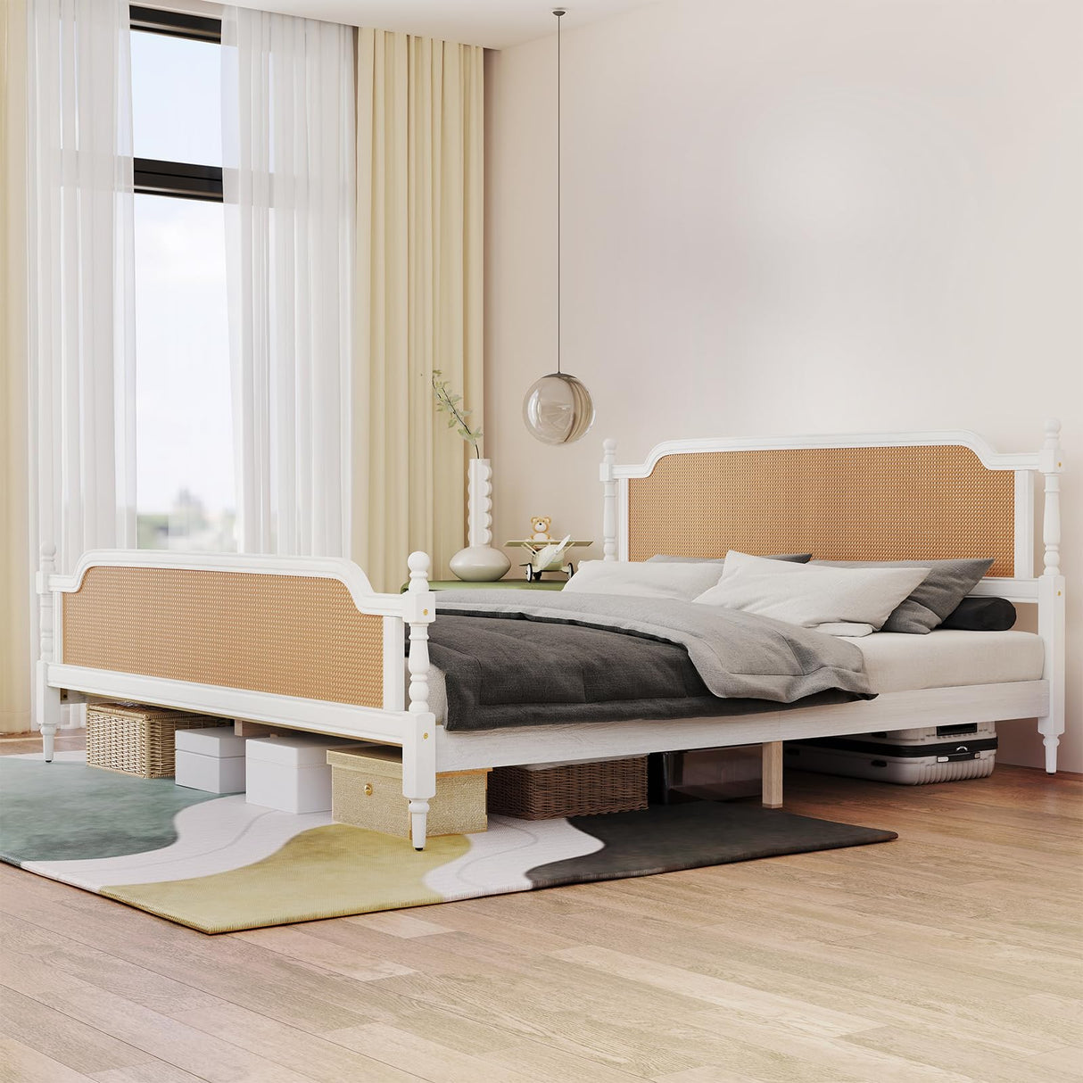 Rattan Queen Bed Frame, Queen Size Platform Bed Frame with Natural Headboard and Footboard, Boho and Mid Century Style, Solid Pine Wood, No Box Spring Needed, Easy Assembly, Antique White/Walnut WATHPUR