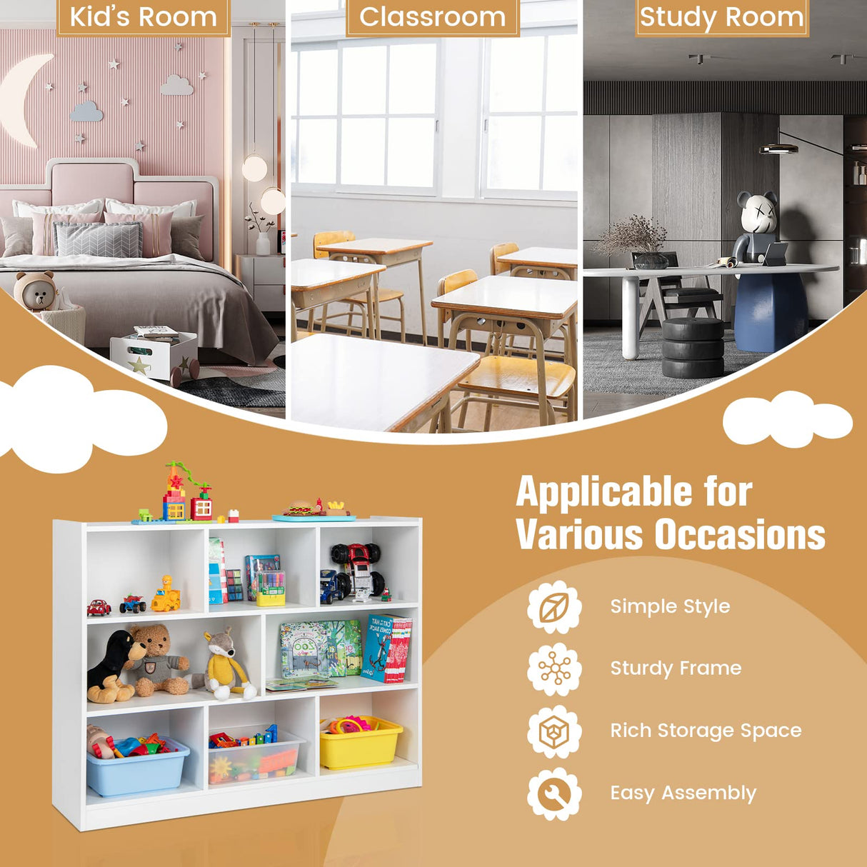 KOTEK 8-Cubby Wooden Kids Bookshelf - Versatile Toy Storage Organizer for Nursery, Playroom, and Classroom KOTEK