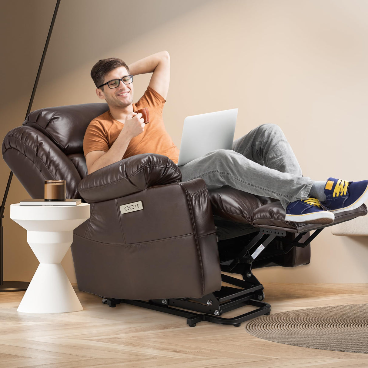 Outspurge Power Lift Recliner Leather Chair Sofa with Massage & Heat, Lazy Boy Chair with Cup Holders, USB & Type-C Ports, Remote Control (Brown) Outspurge