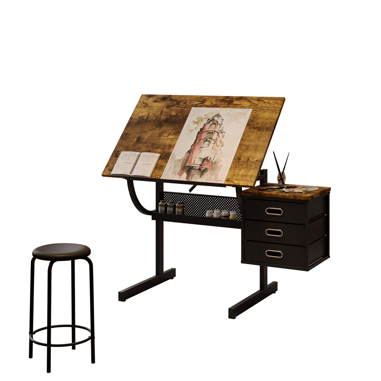 Drafting Table, Drawing Desk for Artists Adults Architect, Art Desk with Stool and 3 Non-Woven Storage Drawers, Height Adjustable Tilted Tabletop, Painting Studio Design Work Station, Rustic Brown TehRecBT