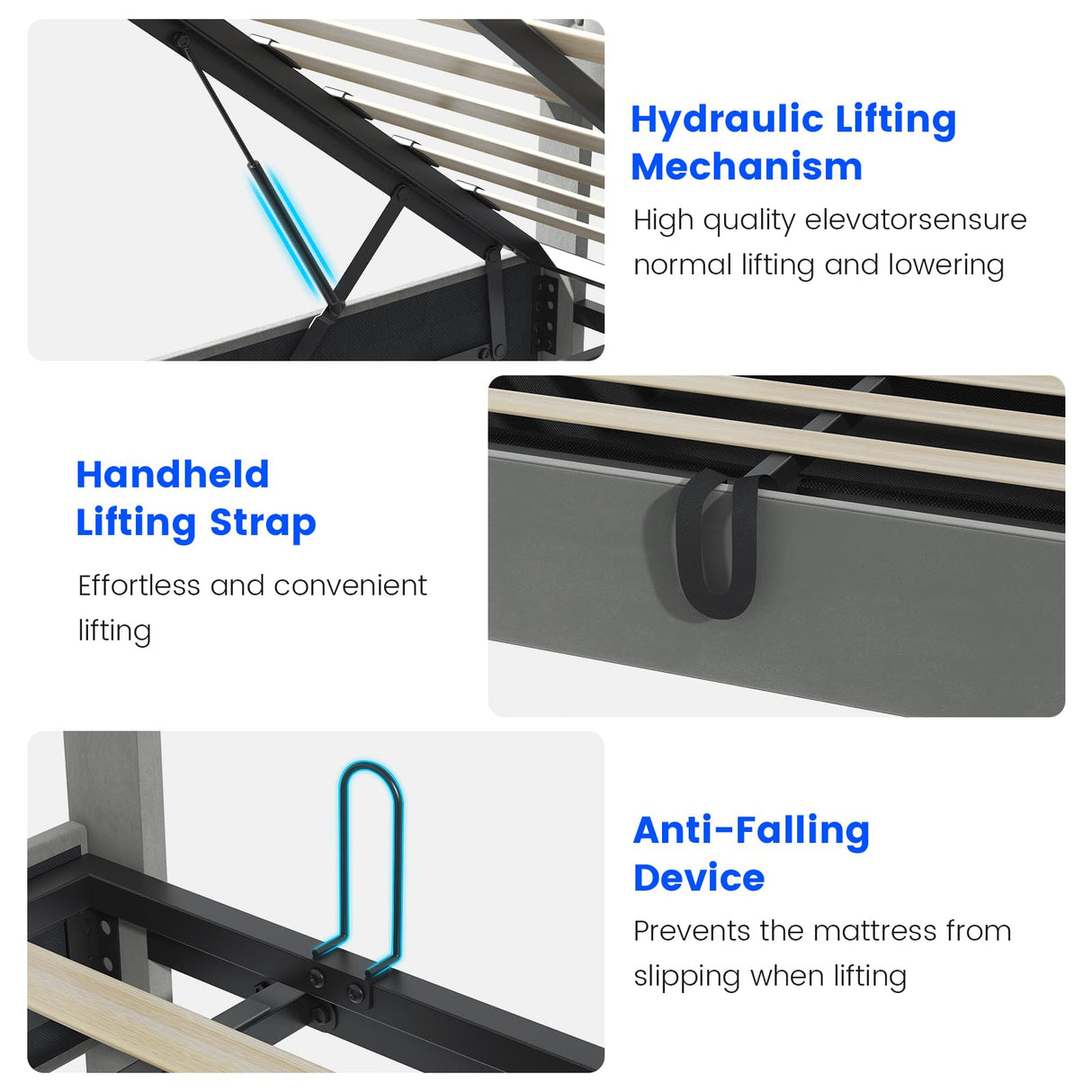 Queen Size Lifting Upholstered Bed Frame with Adjustable Headboard, Storage Space & LED Lighting Saudism