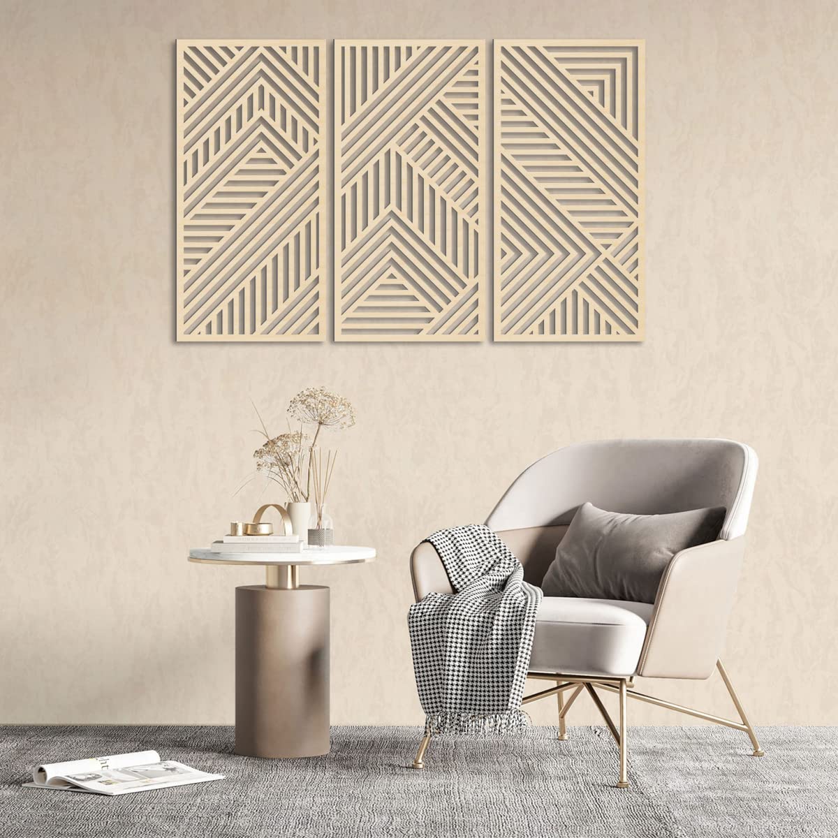 BINCUE Geometry Boho Wood Wall Art 3 Panel with 3D Hollow Craft Art for Kitchen & Bathroom & Living Room & Office Decor Hanging Wall Art Decor BINCUE