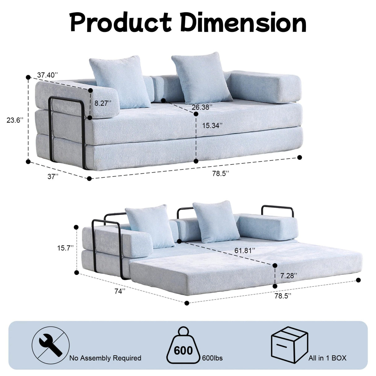 Trygoal Convertible Floor Sofa Bed, Foldable Mattress Cloud Couch with Pillow Back & Armrest, Chenille Sleeper Sofa Bed with Fixed-Shape Frame, Compressed Couch for Living Room Bedroom, Light Blue Trygoal