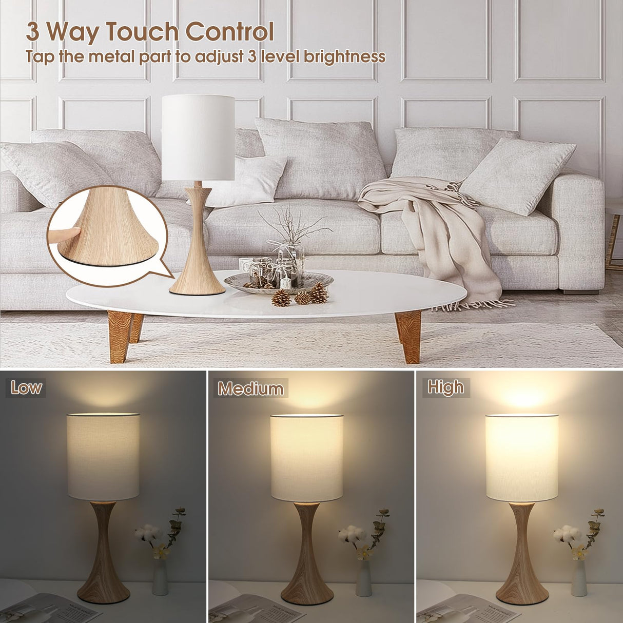 Bedside Touch Lamp, 3 Way Dimmable Touch Control Table Lamp, Wood Grain Farmhouse Table Lamp, Modern Nightstand Lamp with White Shade for Bedroom, Dorm, Office, 3000K LED Bulb Included Seaside village