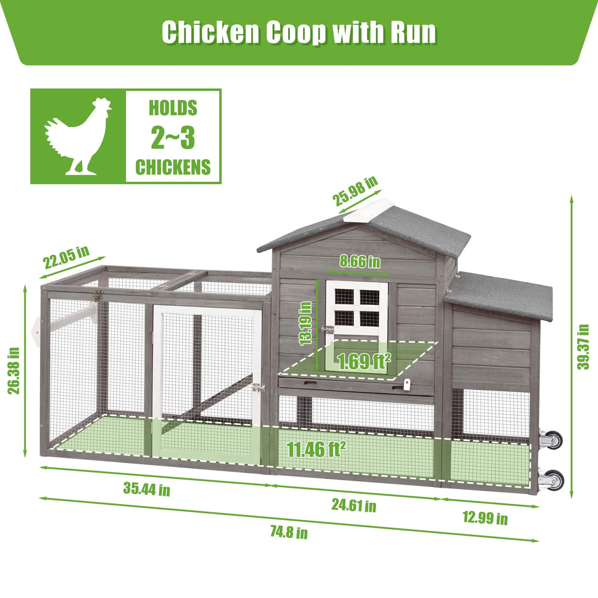 Ketive Wooden Chicken Coop Cage Outdoor Indoor Hen House with Nesting Box, Waterproof Roof, Removable Tray for Poultry Pets Enclosure Garden Backyard (Grey) ketive
