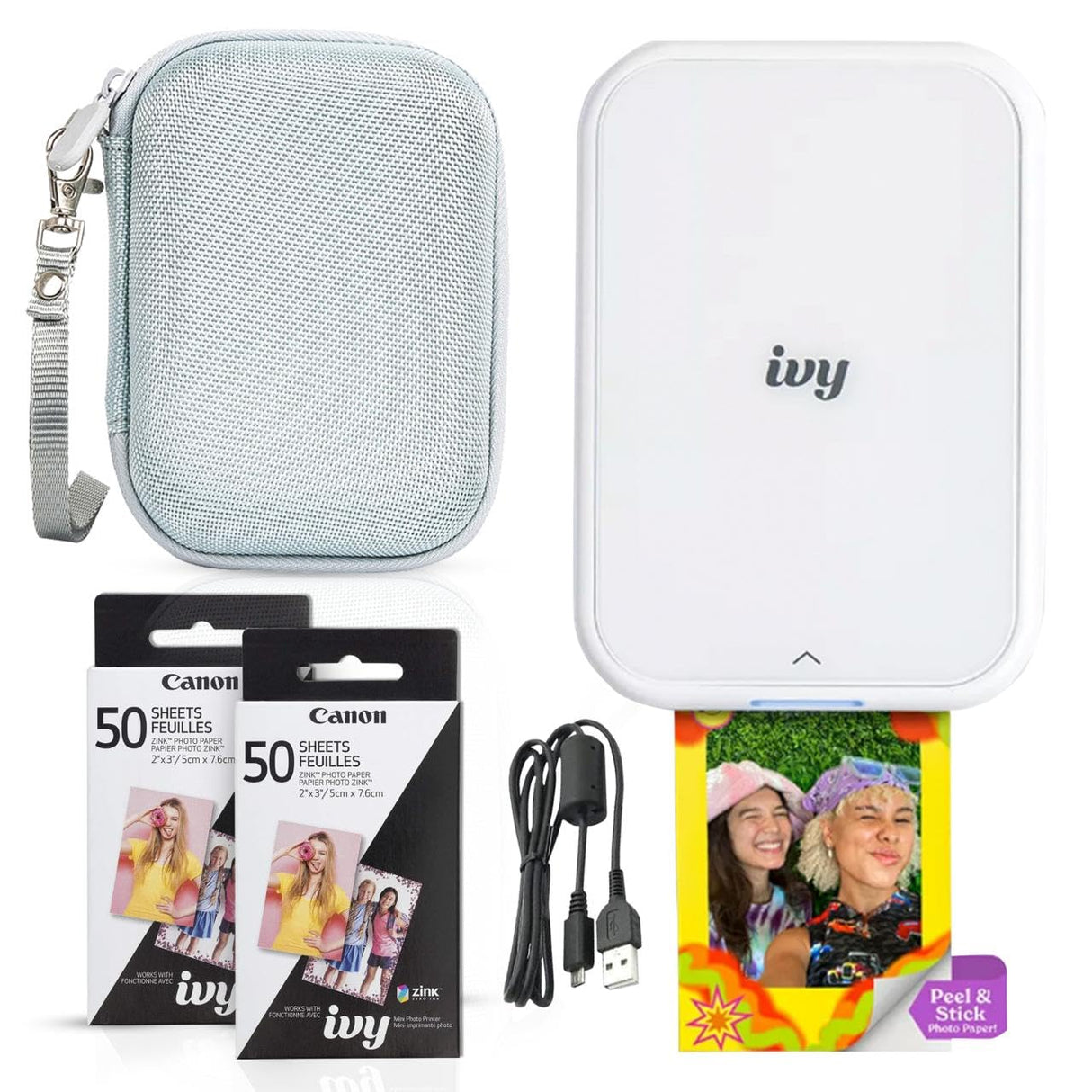 Canon Ivy 2 Mini Photo Printer (Pure White) - Bluetooth, Print from iOS & Android Devices, Bundle Incl. 110 Zink Sticky-Back Prints, LED Light Bar, Protective Case, and USB Cable Canon