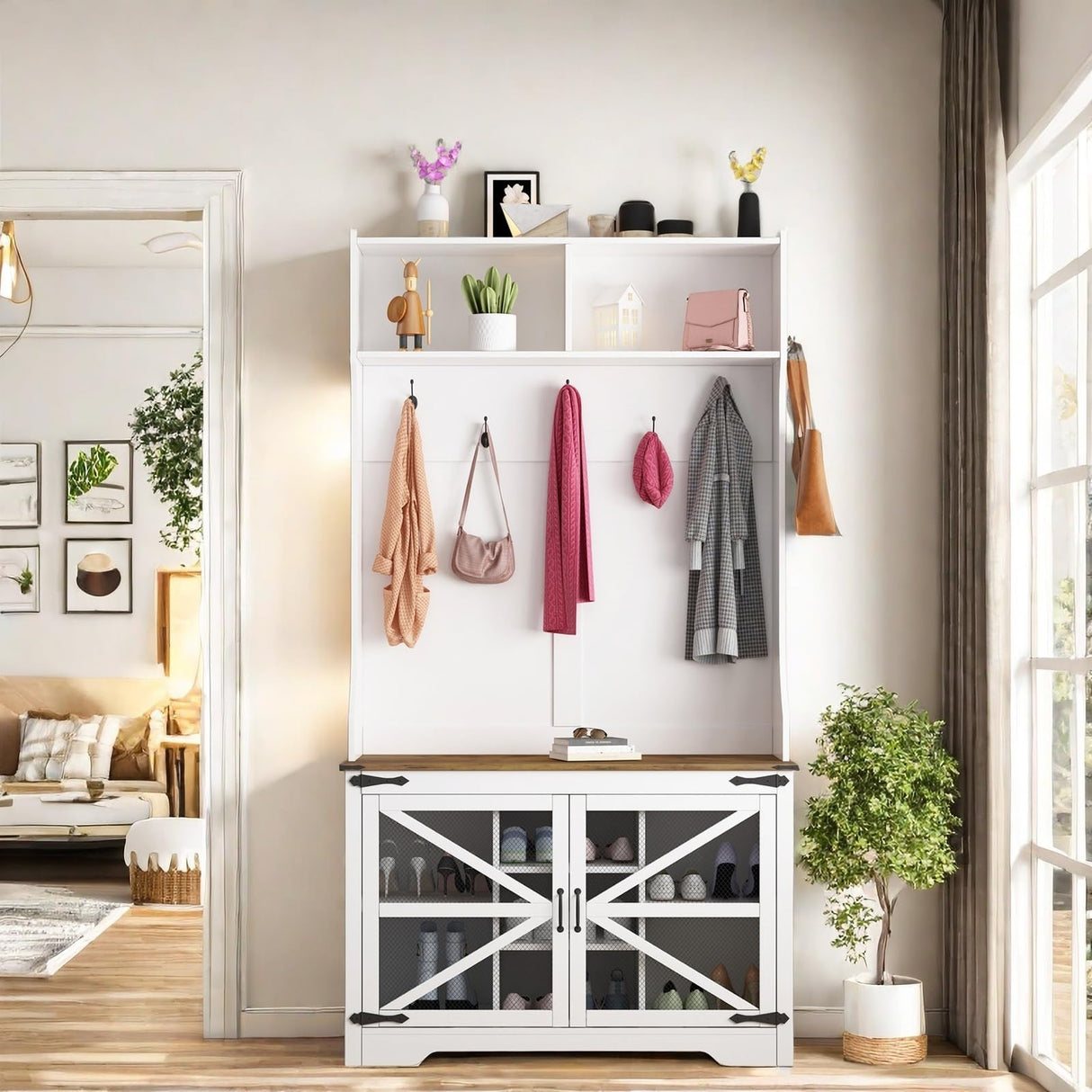 MilleLoom Hall Tree with Shoe Storage, 4-in-1 Coat Rack with 7 Shoe Cubbies & 7 Coat Hooks, Farmhouse Entryway Bench Mudroom Storage Cabinet for Hallway, 42" W x 15.7" D x 77" H, White MilleLoom