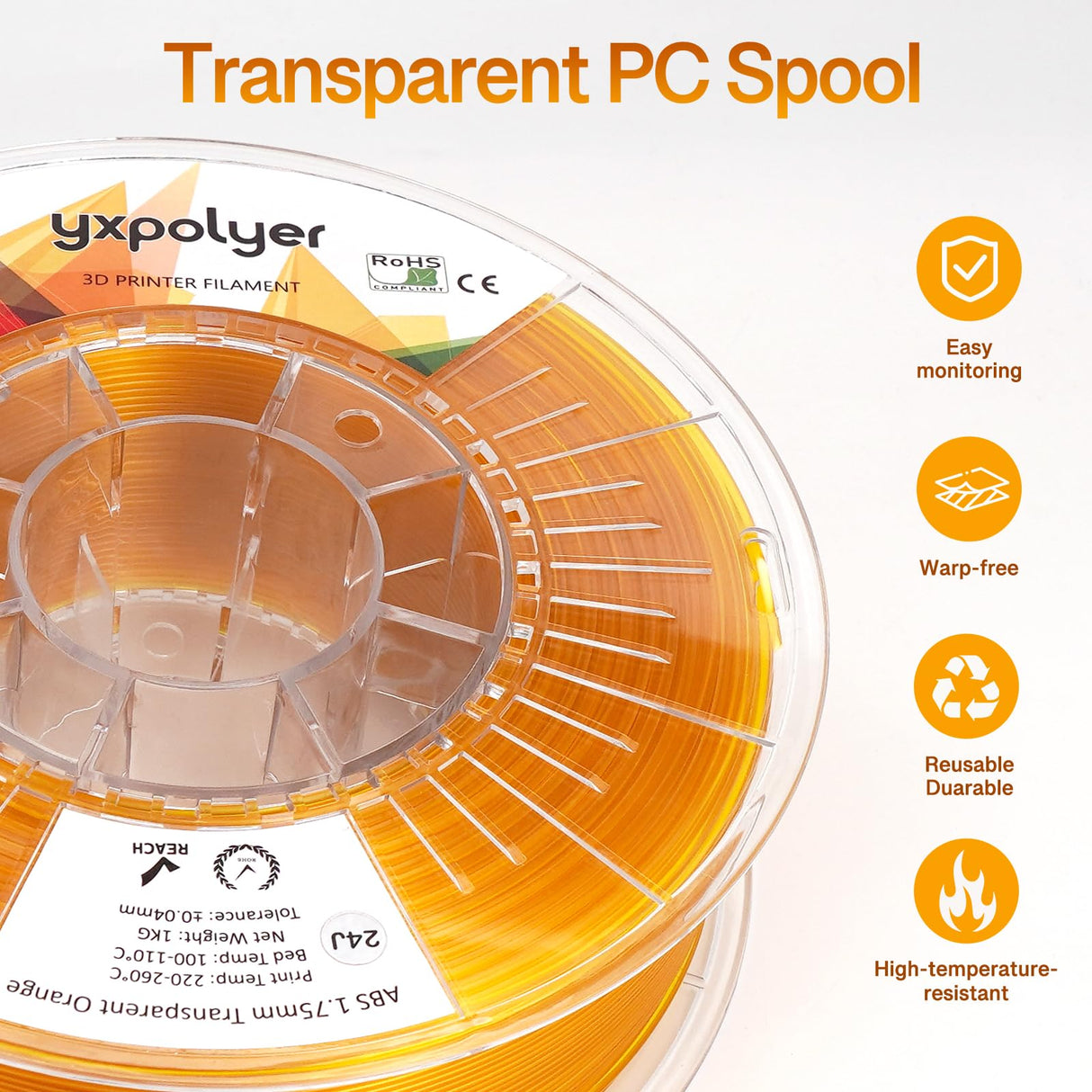 3D Printer Filament ABS Filament ABS+ ABS Pro ABS Plus 3D Printing Filament 1.75mm 1kg 2.2lbs, Transparent Orange yxpolyer