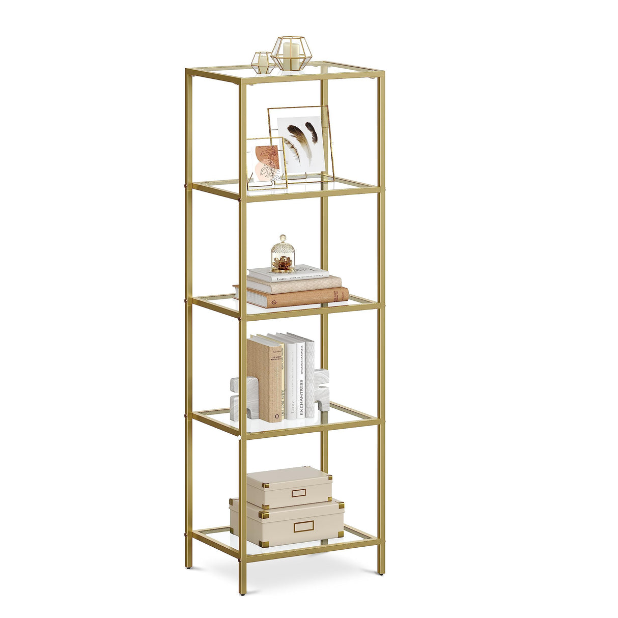 VASAGLE Bookcase, 5-Tier Bookshelf, Slim Shelving Unit for Bedroom, Bathroom, Home Office, Tempered Glass, Steel Frame, Metallic Gold ULGT029A01 VASAGLE