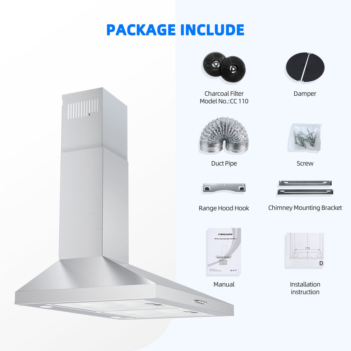 FIREGAS Range Hood 30 Inch, Stainless Steel Wall Mount Kitchen Hood 450 CFM with 3 Speed Exhaust Fan, Ducted/Ductless Convertible, Stove Vent Hood for Kitchen with Aluminium Mesh and Charcoal Filters FIREGAS