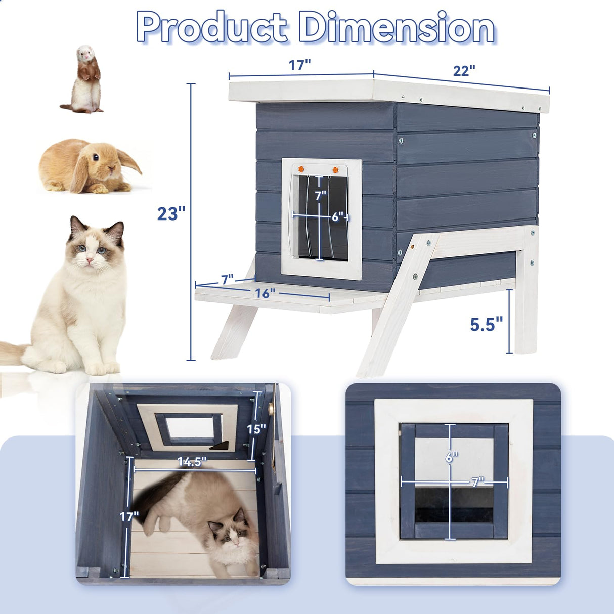 Petsfit Cat House Outdoor, Insulated High Feet + Feeding Station +Door Curtain, Wood Outside Cat House, Bunny Rabbit Hutch Blue Petsfit