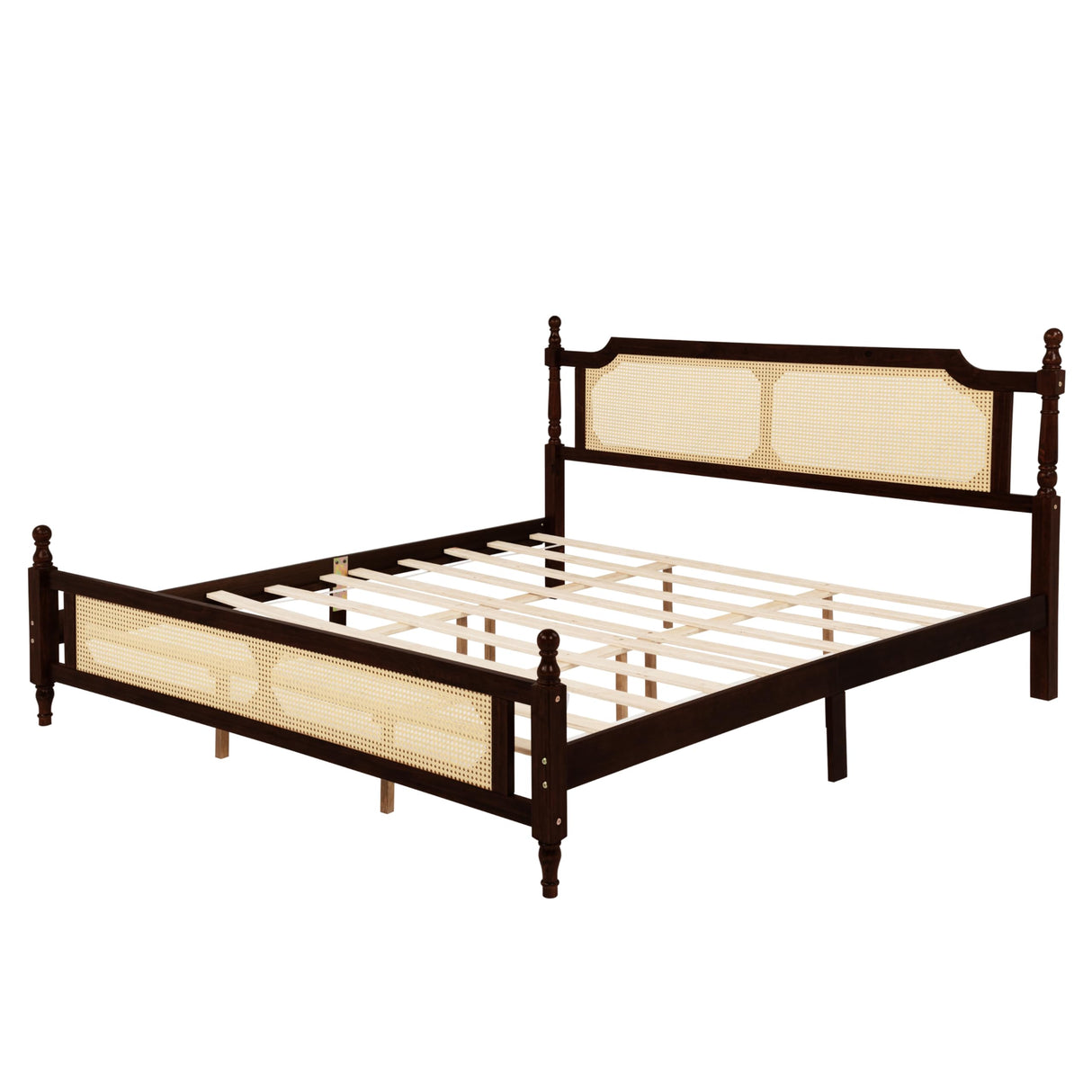 KEIKI King Size Wood Platform Bed Frame with Rattan Headboard & Footboard, Modern Bed with Under-Bed Storage & Central Support Feet, Slats, Easy Assembly, No Box Spring Required, for Bedroom, Espresso KEIKI