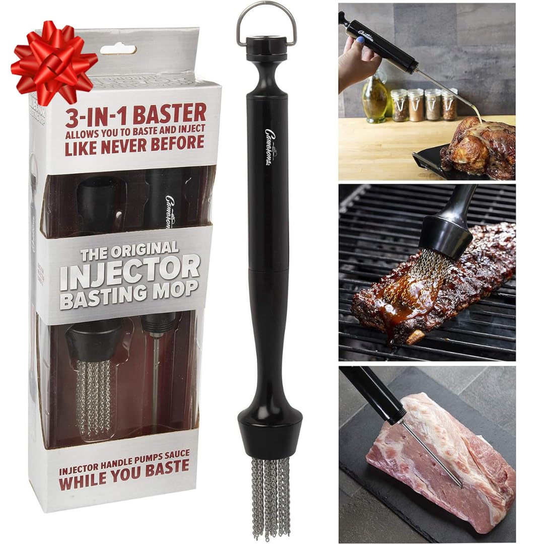 Camerons 3-in-1 Barbecue Injector Basting Mop - Baster Set Includes BBQ Chain Basting Brush & Meat Syringe to Baste, Marinate & Inject Food w Flavor - Indoor Outdoor Use - Grilling Cookout Essential Camerons