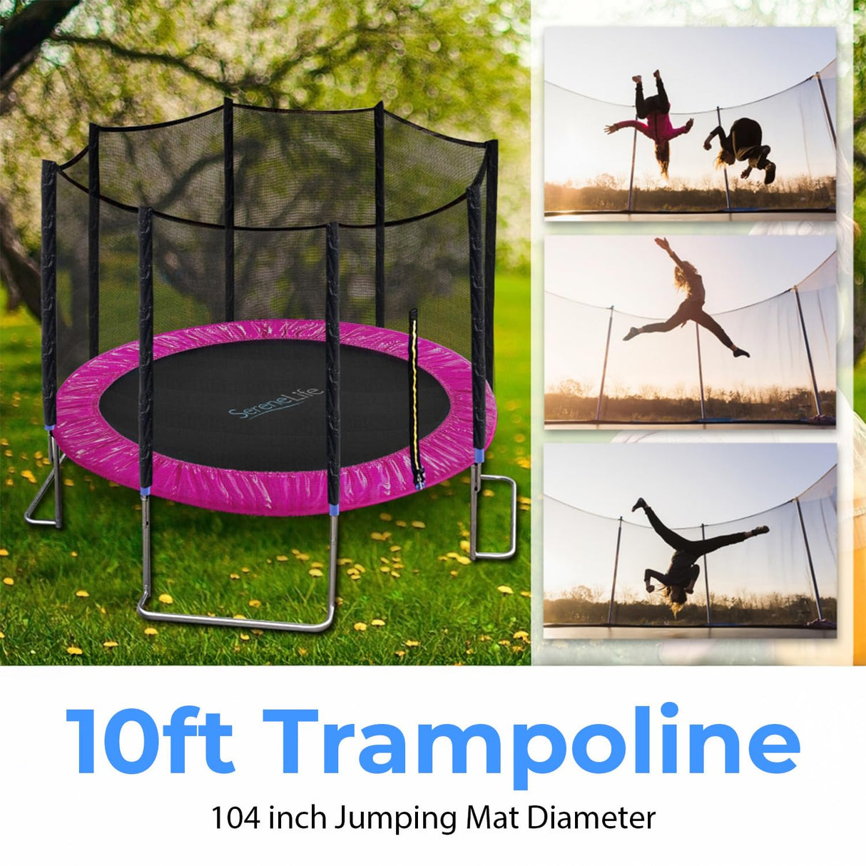 SereneLife 10FT Trampoline Outdoor – Heavy-Duty Backyard Trampoline for Kids and Adults with Wide Jumping Surface, Stable L-Shaped Legs, Safety Net, ASTM Approved, Supports 264 lbs., 120 x 120 IN SereneLife
