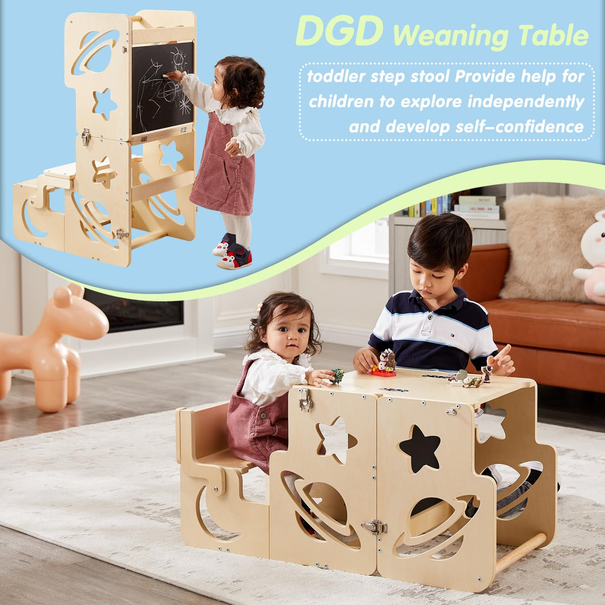 Toddler Tower, Toddler Stool for Kitchen, Kids Learning Wooden Tower, Foldable Weaning Table with Kids Step Stool, Montessori Toddler Standing Tower for Bathroom and Kitchen Counter DGD