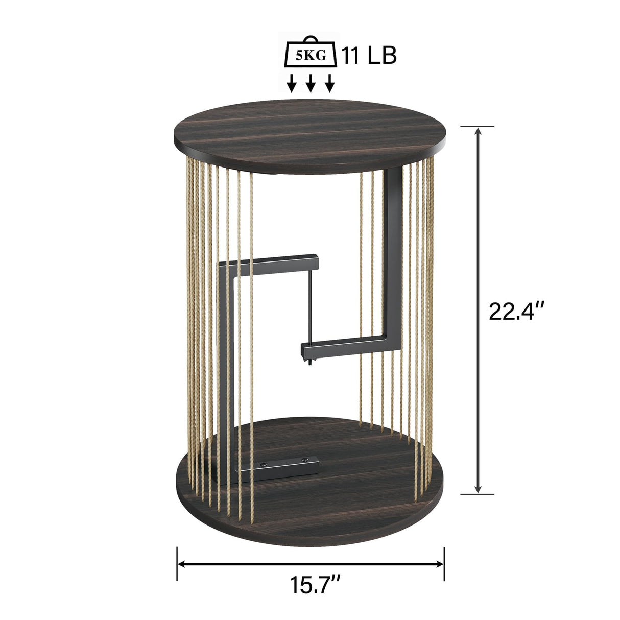 Side Table, Round End Table for Living Room, Bedroom, Black LED Nightstand Set of 2 with Twine Rope Design, Mid Century Modern Wood Accent Coffee Table, Antique Nightstand HUAHUU