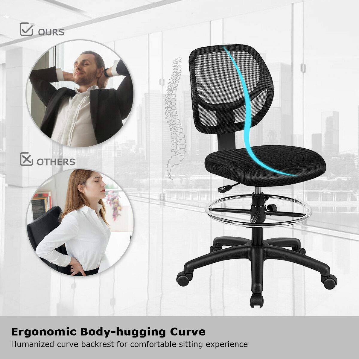 Giantex Mesh Drafting Chair, Standing Desk Chair w/Footrest Ring, Adjustable Height Chair Mid Back Tall Office Chair for Home Office, Black Giantex