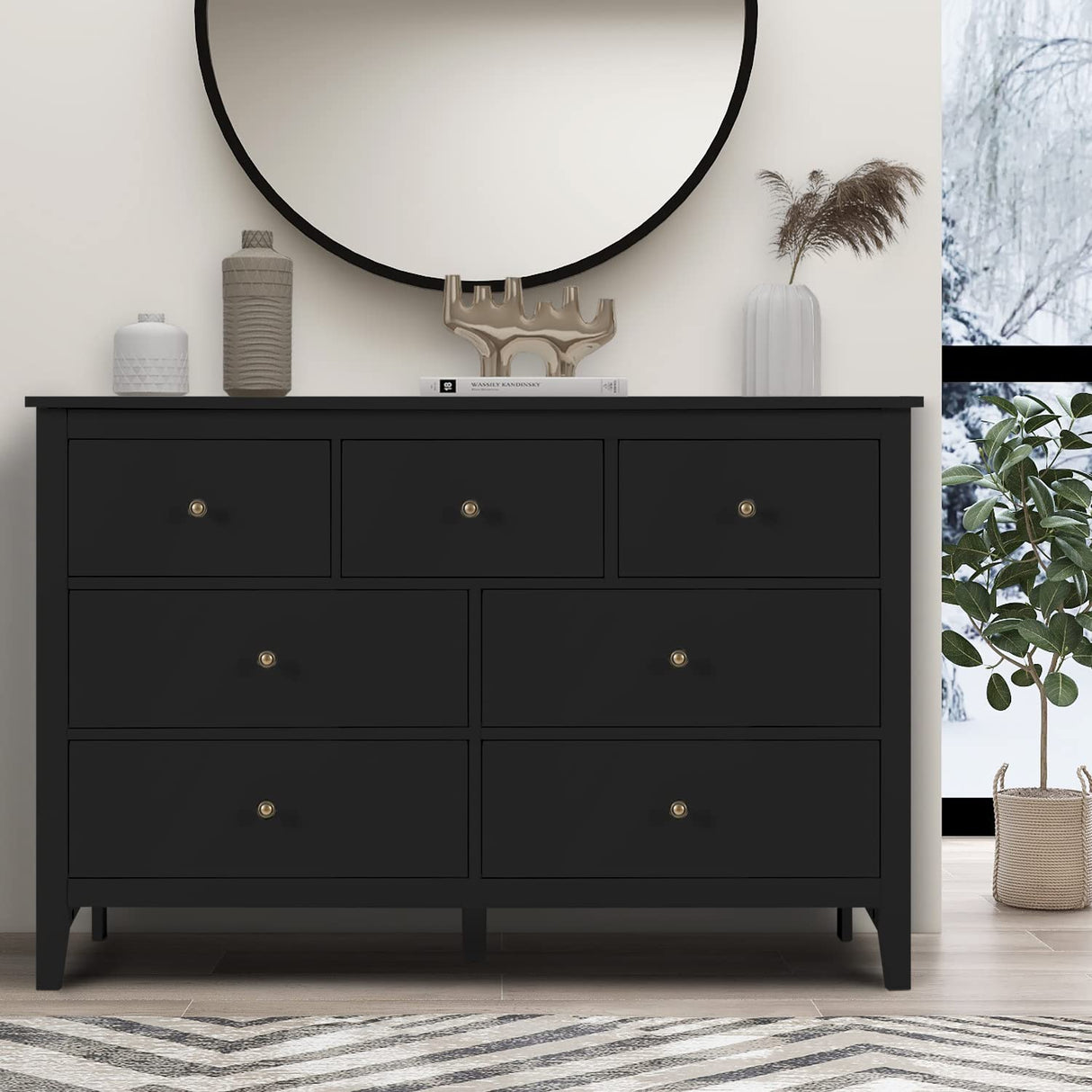 Vikiullf Black Dresser - Modern Dresser for Bedroom, Wooden 7 Drawer Dresser, Storage Cabinet for Bedroom,Living Room, Hallway, Entryway Vikiullf