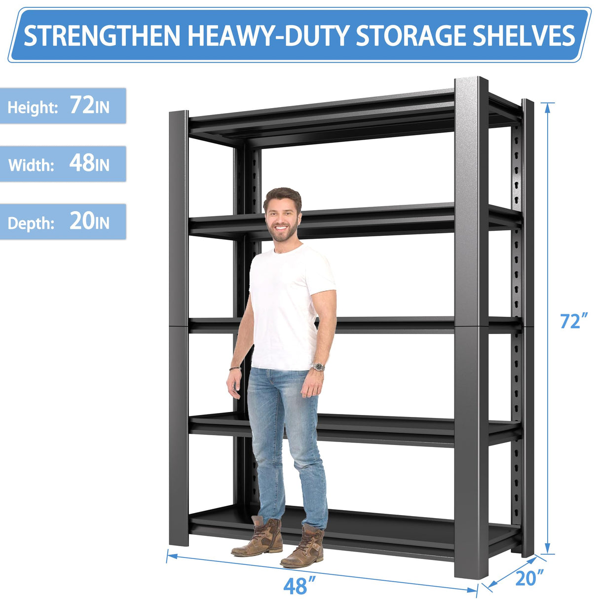 Nexvrtau 5-Tier Heavy Duty Garage Shelving Unit, 3000 LBS Capacity Metal Storage Rack 72" H x 48" W x 20" D, Adjustable Steel Shelves for Garage, Warehouse, Basement, Pantry, Workshop.1 Pack Nexvrtau