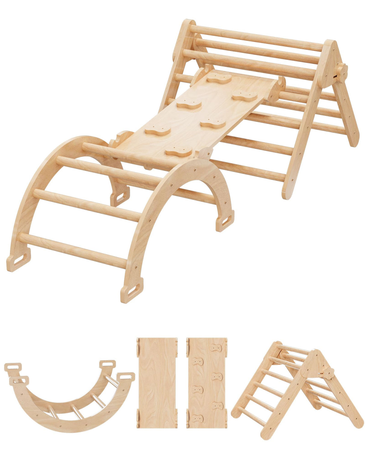 Cozy Castle 5 in 1 Pikler Triangle Set, Foldable Climbing Toys Indoor Playground, with Arch Climber, Rocker, Jungle Gym, Oak Cozy Castle