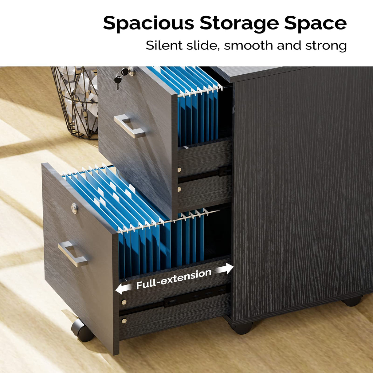 VINGLI 2-Drawer Small Rolling File Cabinet with Lock, Wood Filing Cabinet for Hanging Letter Size Filings with Tabs, Mobile Under Desk File Cabinet for Home Office, Classic Black, 27.2" H VINGLI