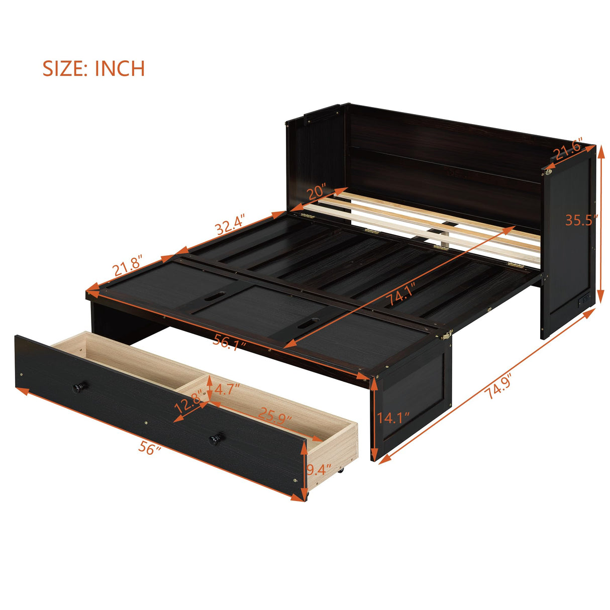 P PURLOVE Full Size Murphy Bed,Solid Wood Murphy Bed Frame with USB Port and a Large Drawer,Murphy Cabinet Bed Espresso P PURLOVE