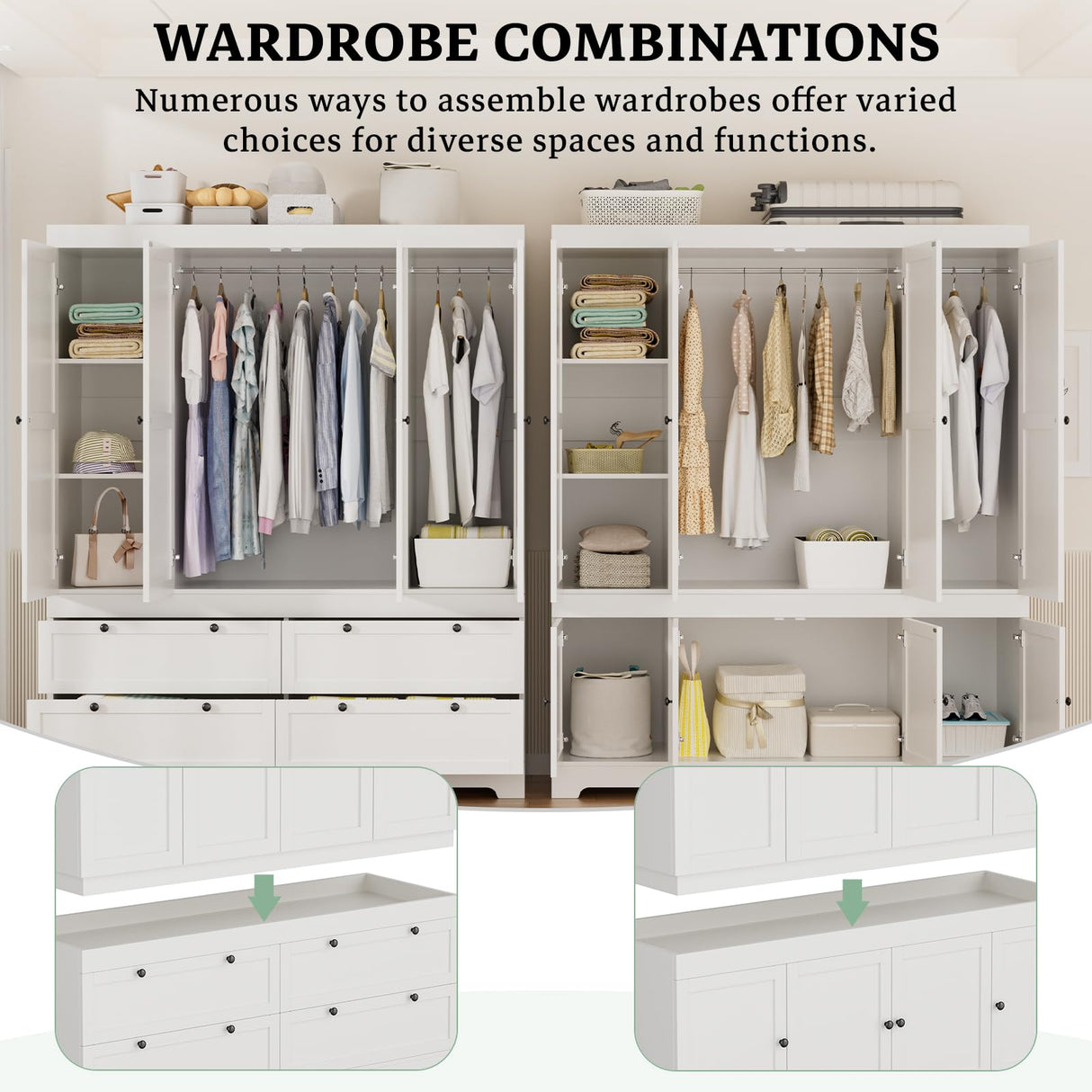 PLANNTONNEO Large White Wardrobe Closet with Drawers, Modular Closet System with Doors and Hanging Rods, Tall Large Armoire Ample Storage, Big Bedroom Armoires (8 Doors/White) PLANNTONNEO