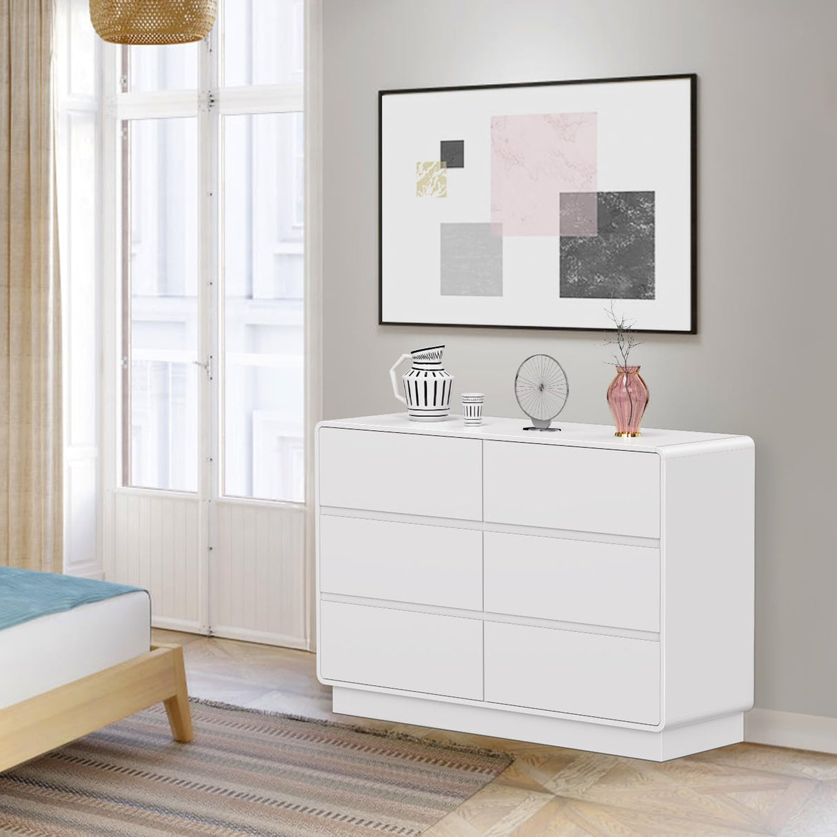 OTUTUMUS 6 Drawers Double Dresser, White Modern Chest of Drawer, Curved Edged Wood Dresser for Bedroom Living Room, Closet, Office, Hallway OTUTUMUS