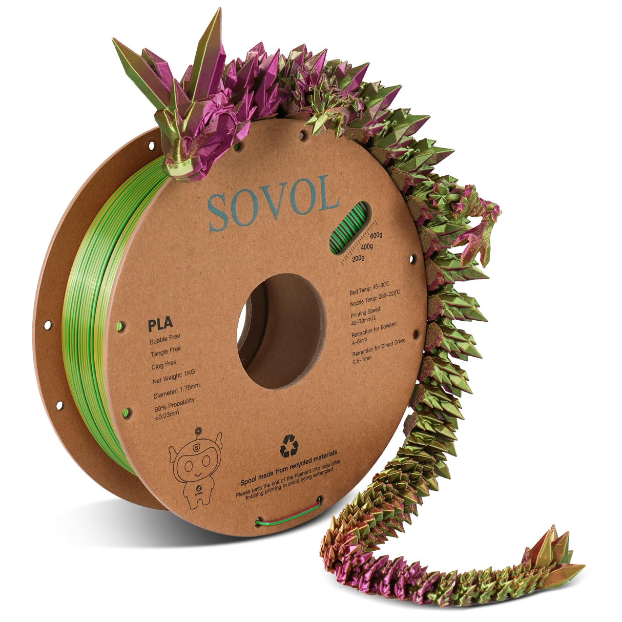 Sovol PLA Filament Silk Tri Color Co-Extrusion 1.75mm, 3D Printer Filament 1kg/ 2.2lbs, Shiny Silk Gold Green Rose Red 3 in 1 Coextrusion PLA Material +/-0.03mm Sovol