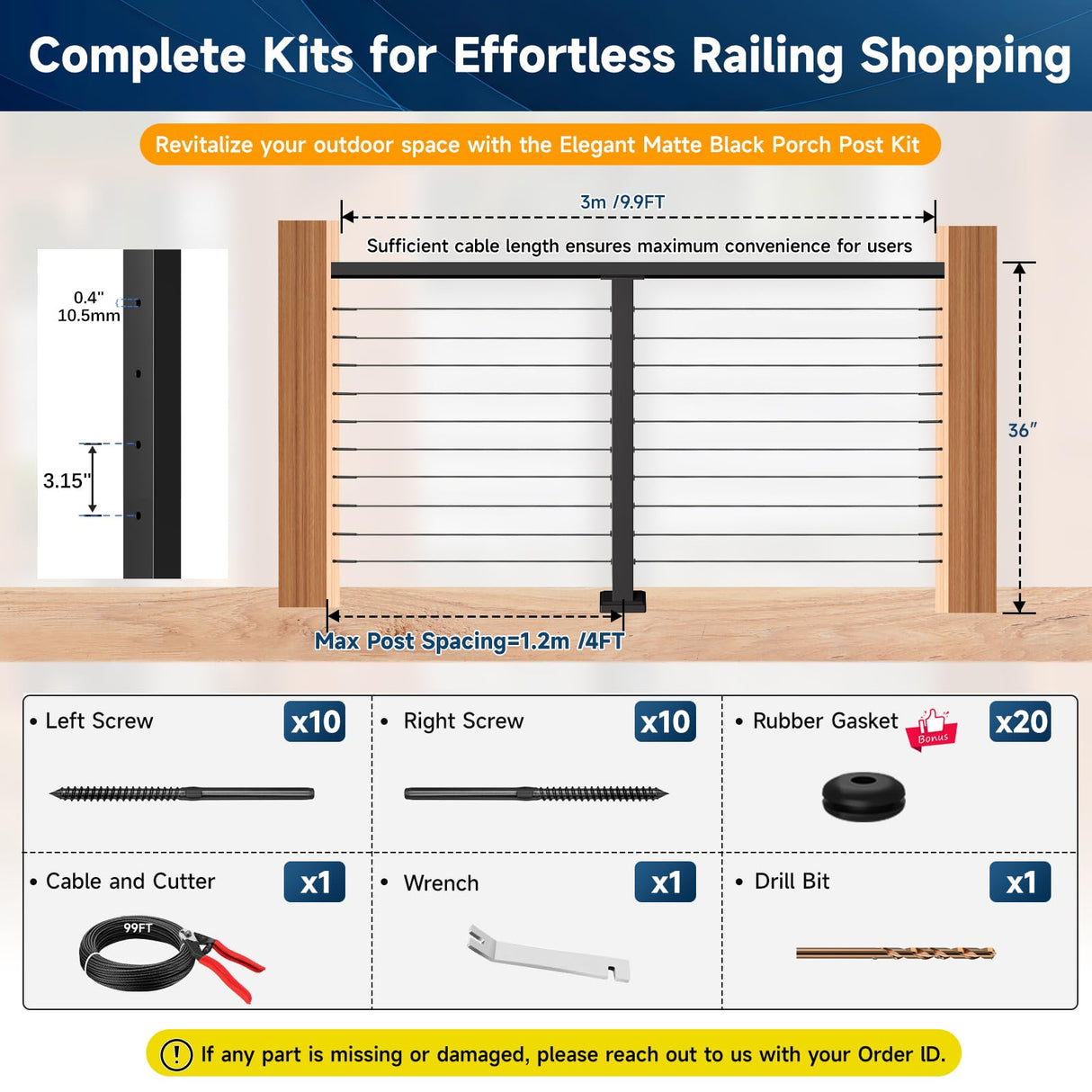 Gyykzz 5FT-8FT Porch Railing, 36" Matte Black Level Drilled Cable Railing Post Kits System for Outdoor Wood Porch with 1 Stainless Steel Railing Post, 99ft Black Cable, 20 Thread Swage Lag Screws Gyykzz