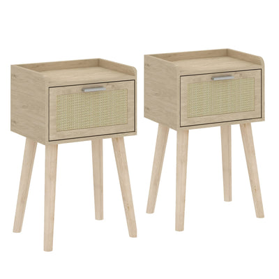 LAATOOREE Nightstand Set of 2, Small Bedside Table, End Table with Rattan Door, Boho Side Table with Solid Wood Legs for Bedroom Living Room Small Space