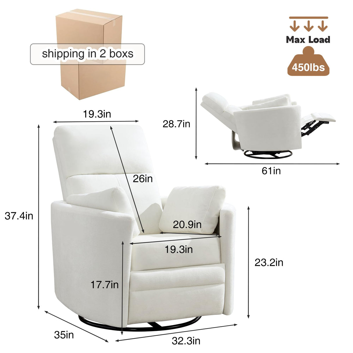 Swivel Rocker Recliner Chair, Manual Nursery Rocking Chair Upholstered Adult Rocking Chair with 2 Pillows for Living Room Bedroom (White, Manual Operation) choairy
