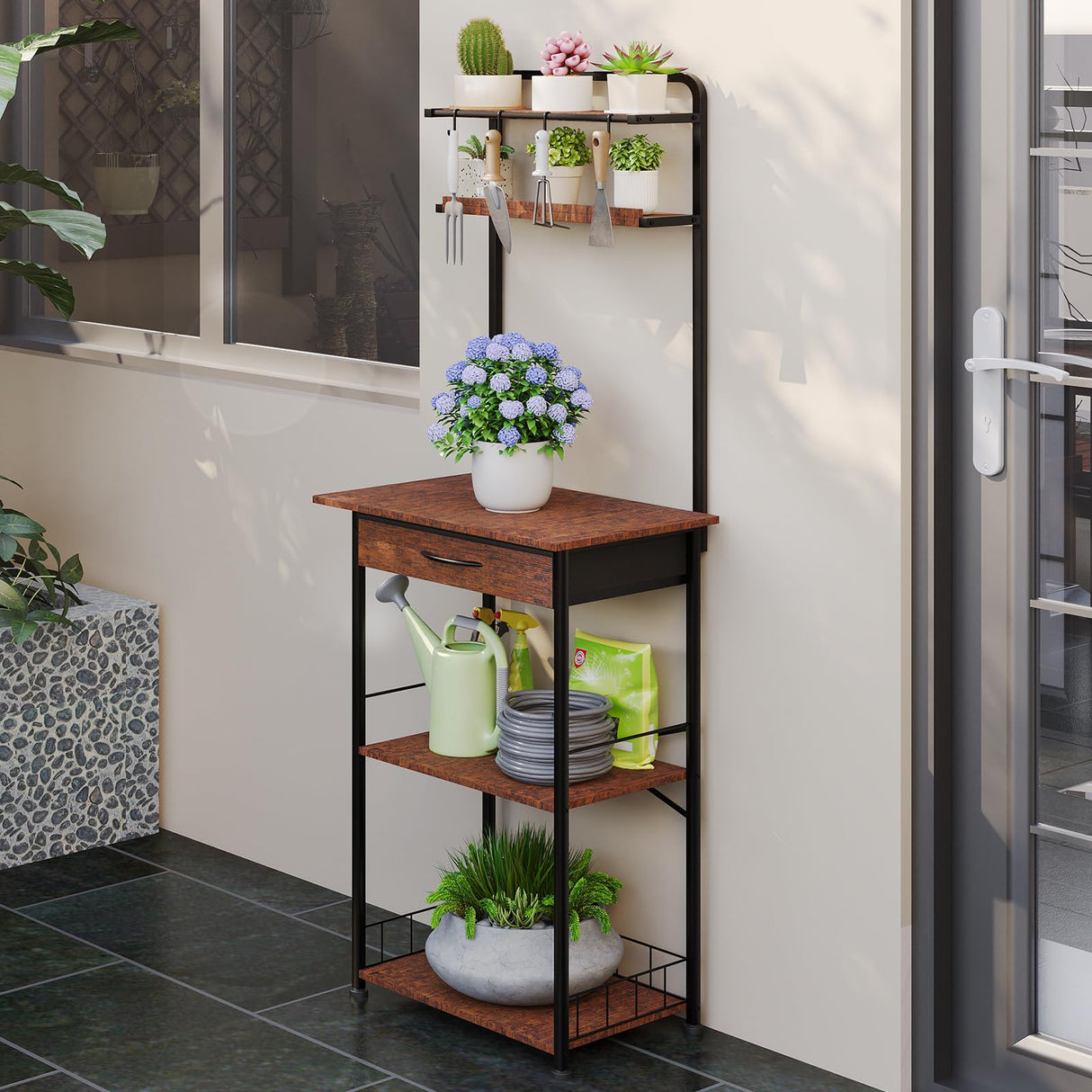 Homsorout Coffee Bar Station - Bakers Rack with Fabric Drawer, Microwave Oven Storage Stand, Bakers Rack for Coffee Stand Station, Home Kitchen Organizer, Brown Homsorout