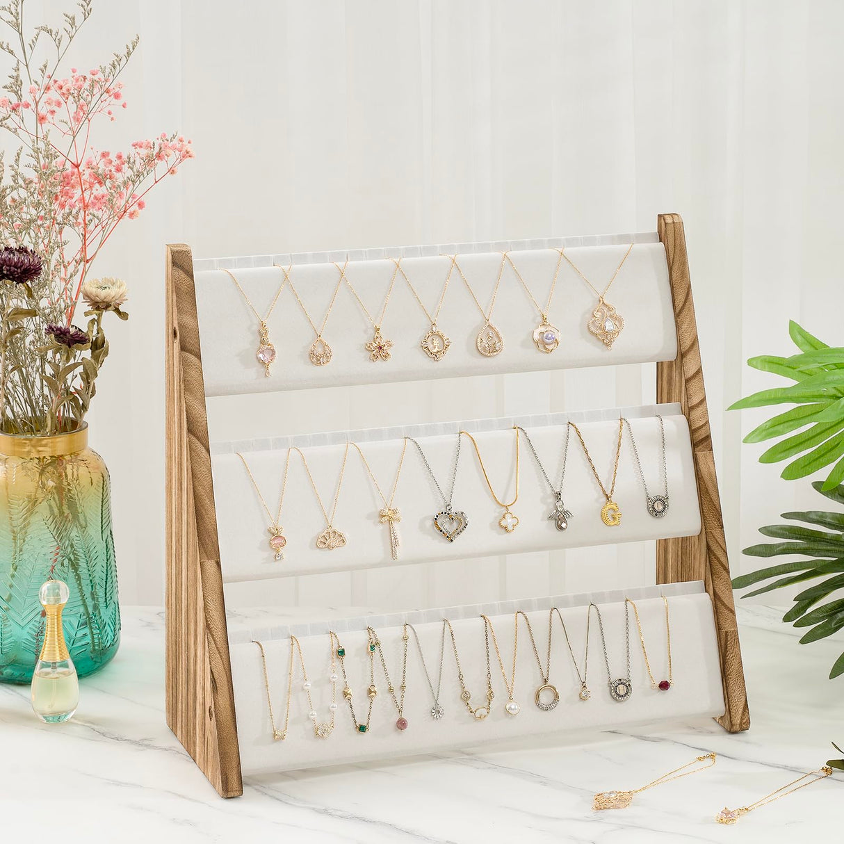 Yoimori Necklace Holder, 3 Tier Necklace Organizer Stand with White Velvet, Wood Necklace Display Stands for Selling, Jewelry Display Stand for 72 Necklaces Bracelets (Brown) Yoimori