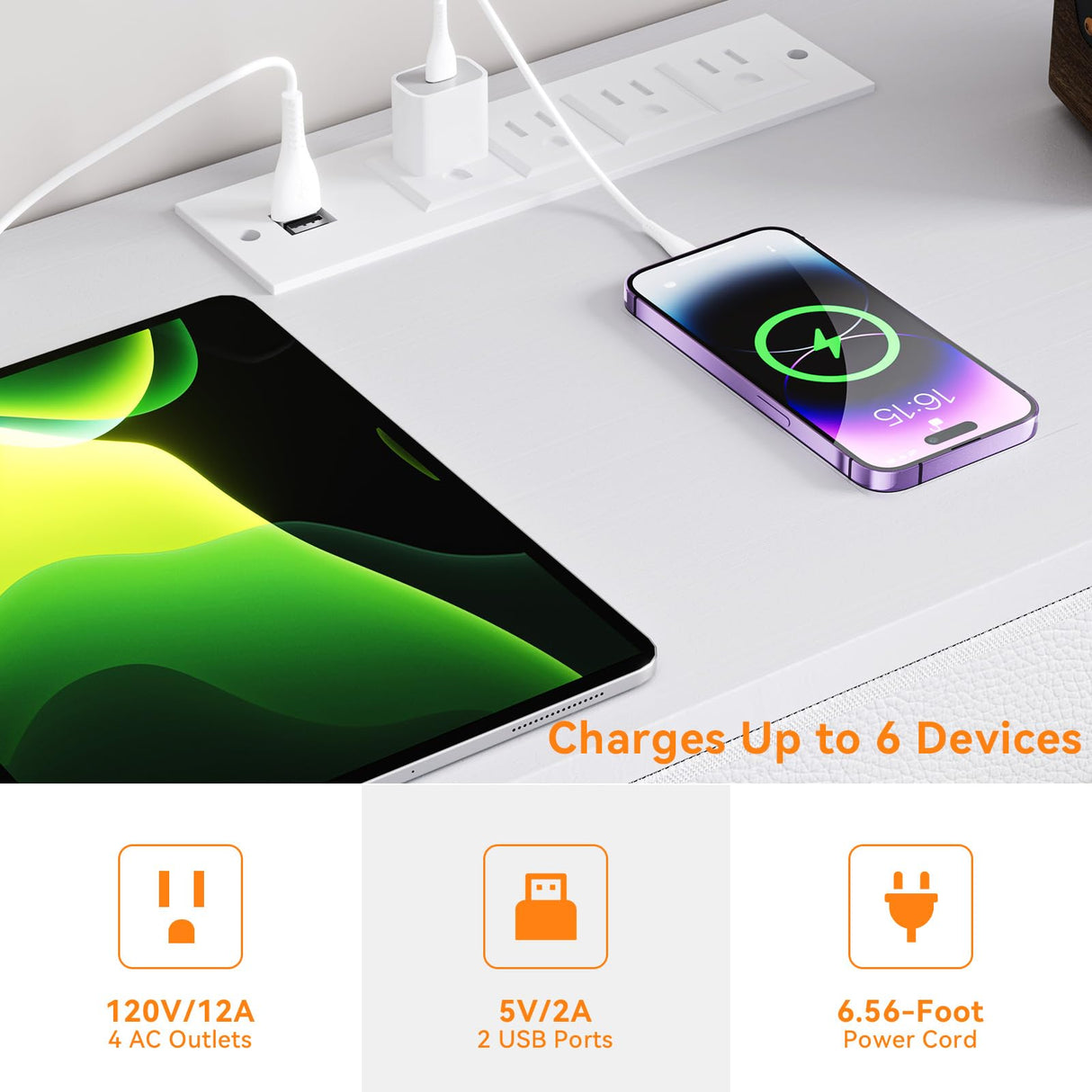 YILQQPER Dresser for Bedroom TV Stand with Power Outlets and LED Light, 6 Drawers Dresser with Side Pockets & Hooks, Wide Dresser with Shelves for 45" TV, Fabric Chest of Drawers with PU Finish, White YILQQPER