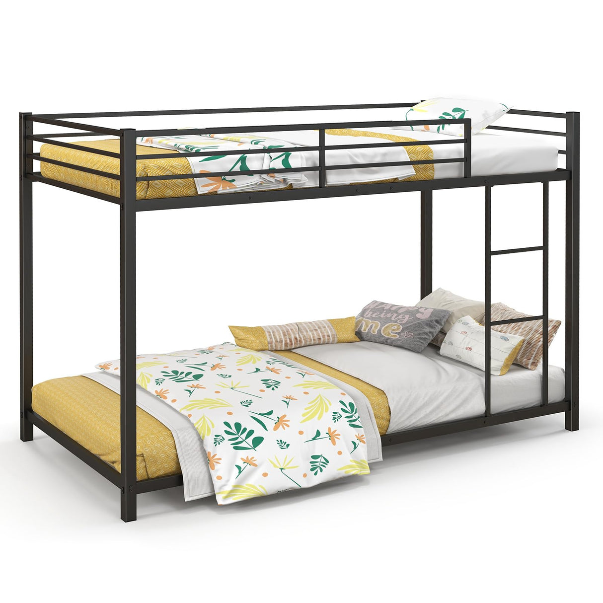 Giantex Metal Bunk Bed Twin Over Twin, Low Profile Bunk Bed Frame with Ladder & Full Length Guardrail, Space-Saving Twin Size Bed Frame for Kids Teens, No Box Spring Needed, Black Giantex
