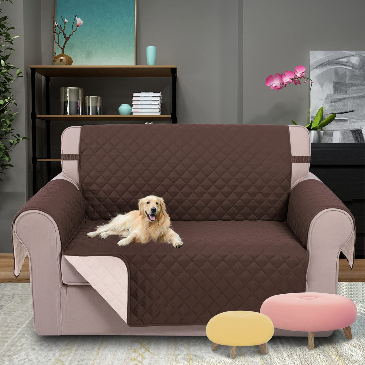 U-NICE HOME Loveseat Sofa Cover Reversible Couch Covers for 2 Cushion Couch for Dogs Furniture Protector Cover with Elastic Straps Water Resistant(Loveseat Small, Coffee/Beige) U-NICE HOME