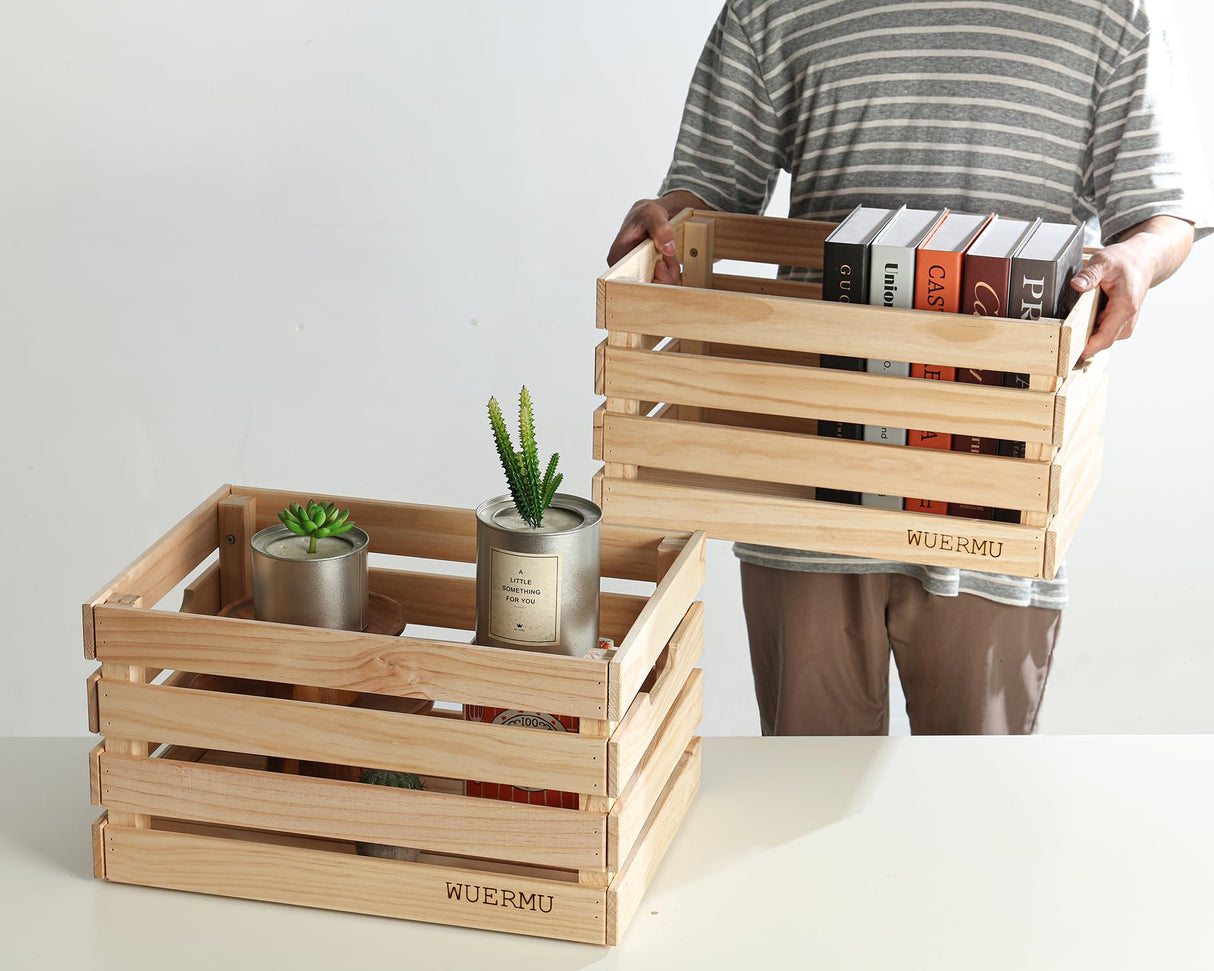 WUERMU Wooden Crates are Suitable for Storage, Milk Crates, Wine Crates, toy Crates, Display and Decoration, Camping, and Other Purposes. They are Sturdy and Durable, set of 2 Length of 17.7 inches. WUERMU