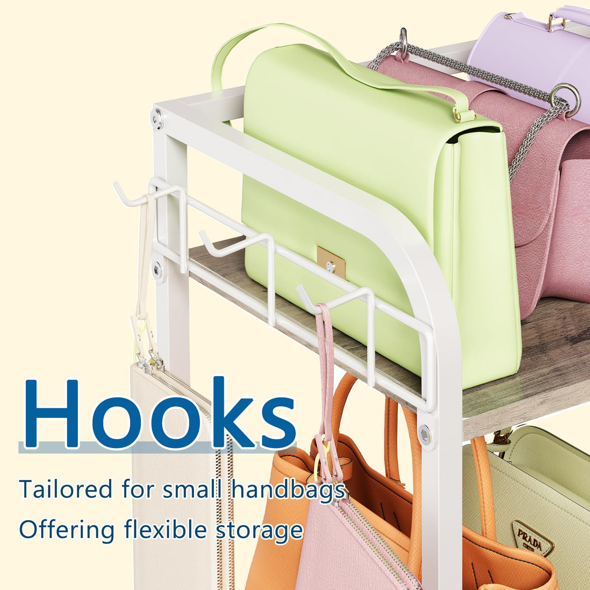 White Purse Organizer, 3-Tier Floor Standing Bag Rack Stand Featuring Side Hooks and Baskets, Adjustable Feets, High Capacity Metal & Wood Handbag Holder Design for Closet Storage, Patent Pending koozuuyk