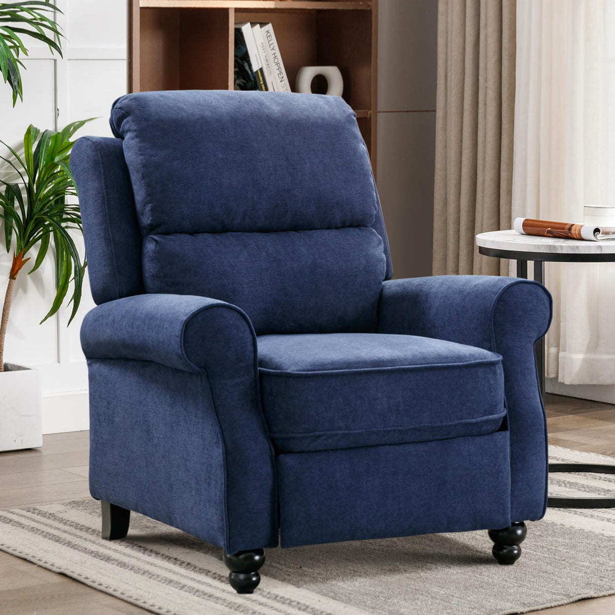 IOMOR Push Back Recliner Chair, Fabric Armchair Overstuffed Pushback Recliner, Heavy Duty Single Sofa Chair with Padded Seat Solid Wood Legs for Living Room (Blue) IOMOR
